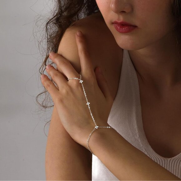 Sterling Silver SL-round Clover Link Chain Ring Bracelet Hand Chain for Women - Picture 2 of 7